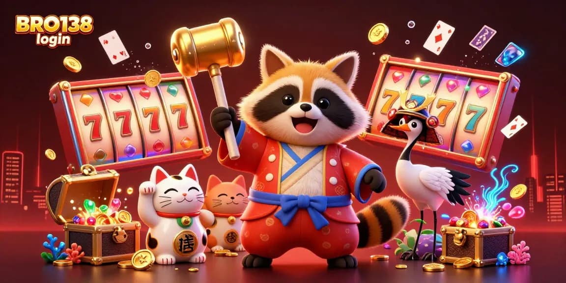 Experience BRO138 login with a joyful tanuki and colorful slots in a lively casino setting.
