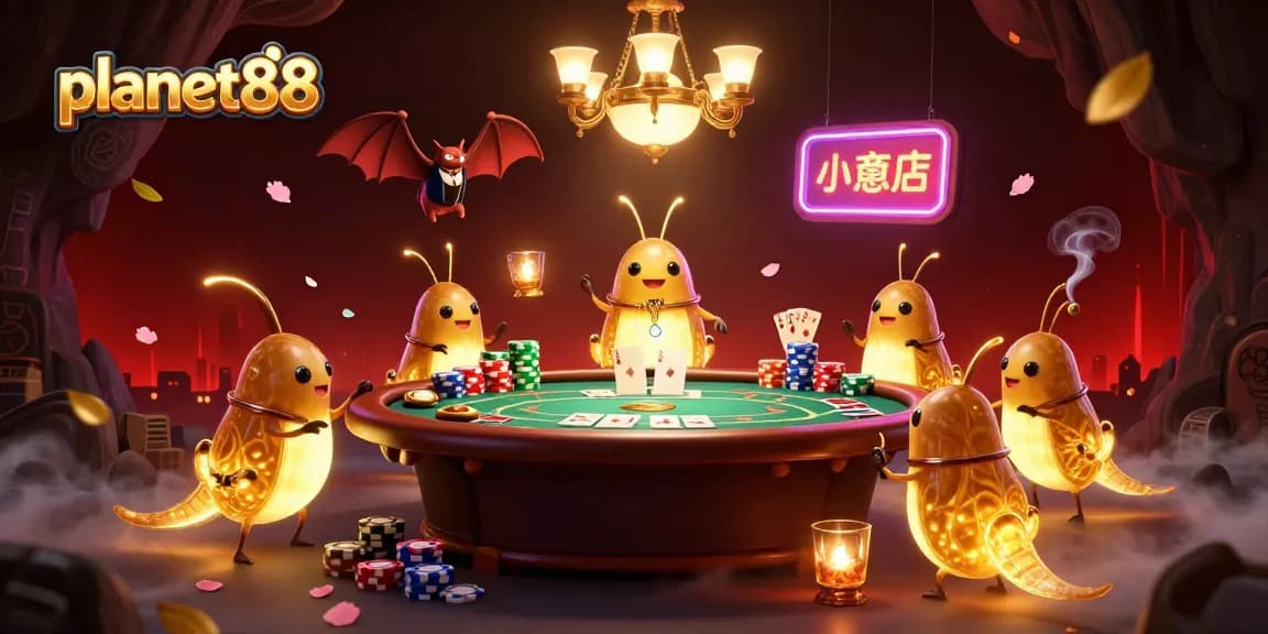 Engage with planet88's pulsating casino scene featuring bioluminescent glowworms and vibrant poker action.