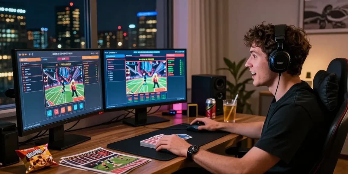 Player engaging with ok8386.guide for an exciting online betting experience in a cozy home office.