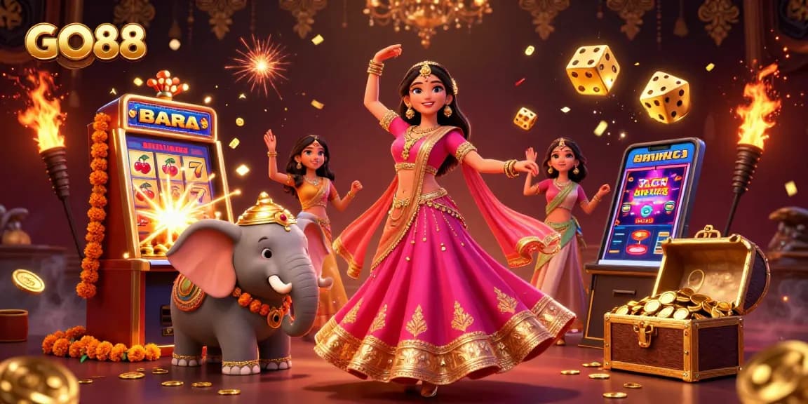 GO88 slots explosion and vibrant casino gaming scene with Asian woman and elephant companion.
