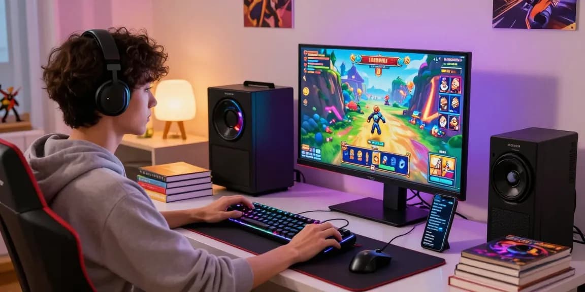 Engaged gamer playing สล็อตโจ๊กเกอร์ on a colorful gaming setup, showcasing immersive online gaming experience.