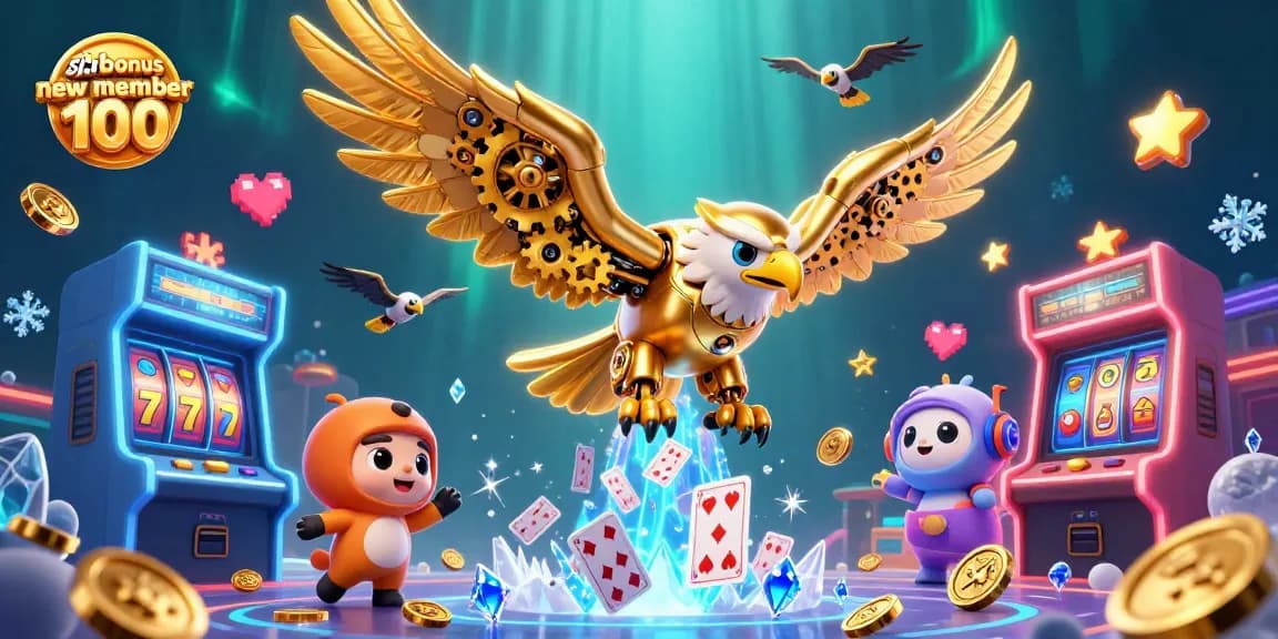 Engage with slot bonus new member 100 through an energizing 3D casino illustration full of vibrant gaming elements.