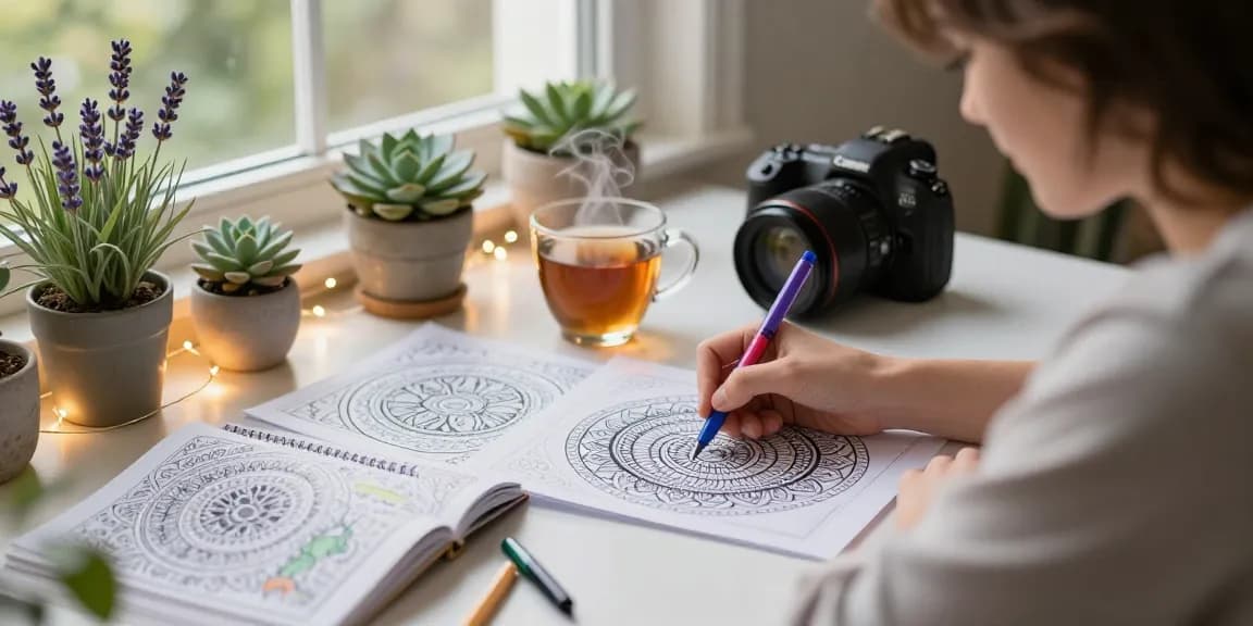 Coloring for stress relief in a cozy indoor scene with vibrant gel pens, plants, and tea, showcasing mindfulness and creativity.