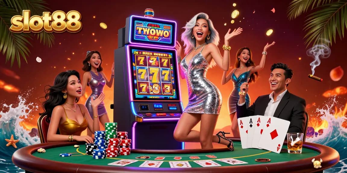Experience thrilling wins with slot88 as golden coins erupt from a jackpot-winning slot machine in a vibrant casino.