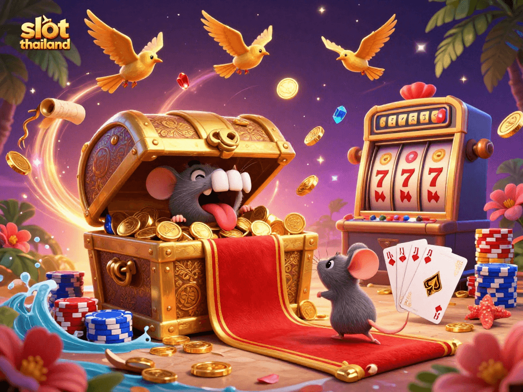 Experience the excitement of slot thailand with a vibrant 3D illustration showcasing a treasure chest full of riches.