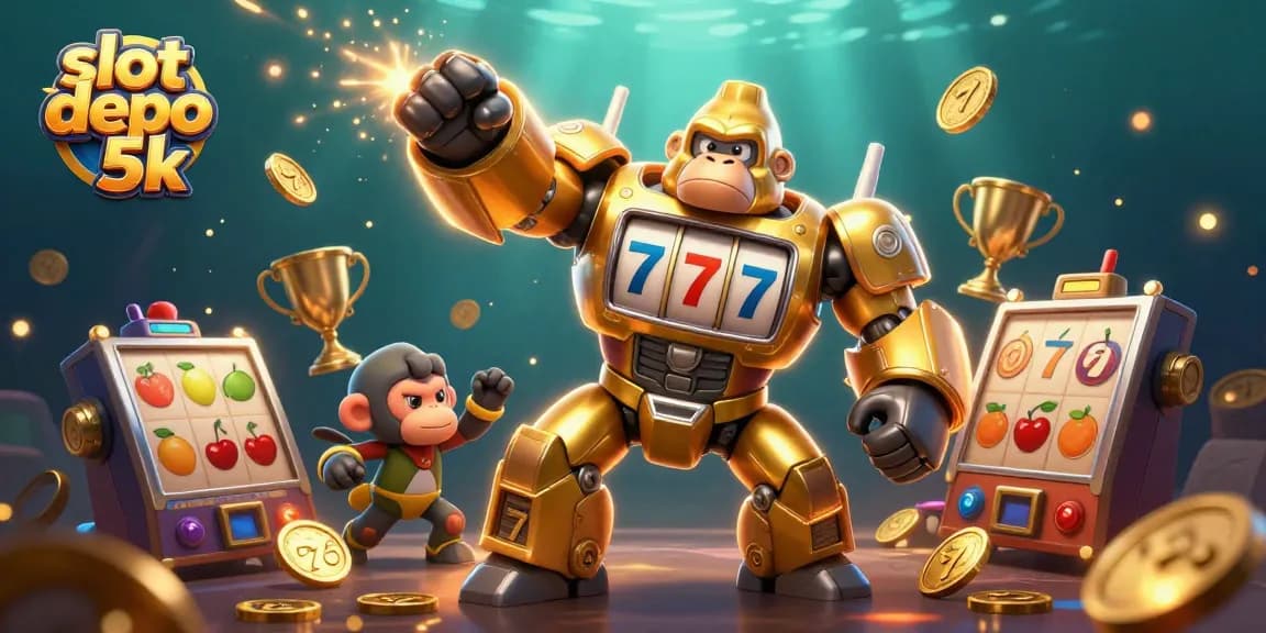Engage in thrilling gameplay with slot depo 5k, showcasing a vibrant golden gorilla mech amidst dynamic casino elements.