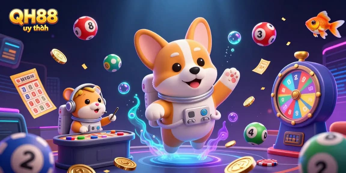 Engage with QH88 uy tín in a vibrant space casino scene featuring animated characters and floating games.