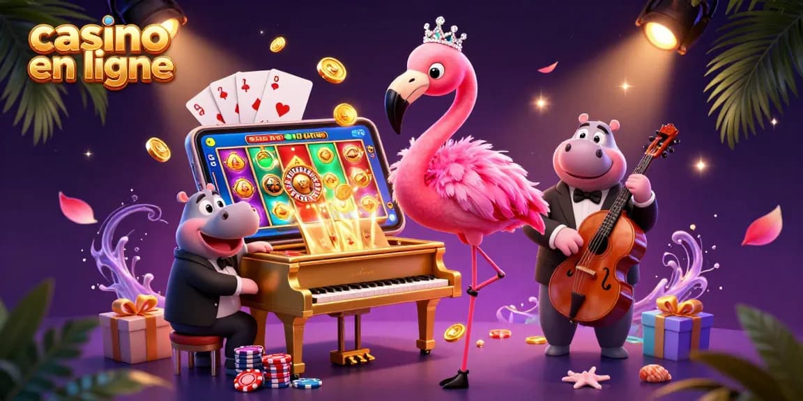 Casino en ligne: profitez d'une illustration dynamique de jeux, mise en valeur par un flamant rose et un hippopotame musicien.