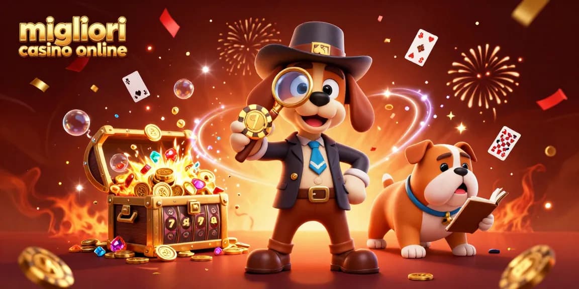 Scoprendo le intuizioni sui migliori casino online con un detective tenace e indizi sul tesoro in un'illustrazione 3D vibrante.