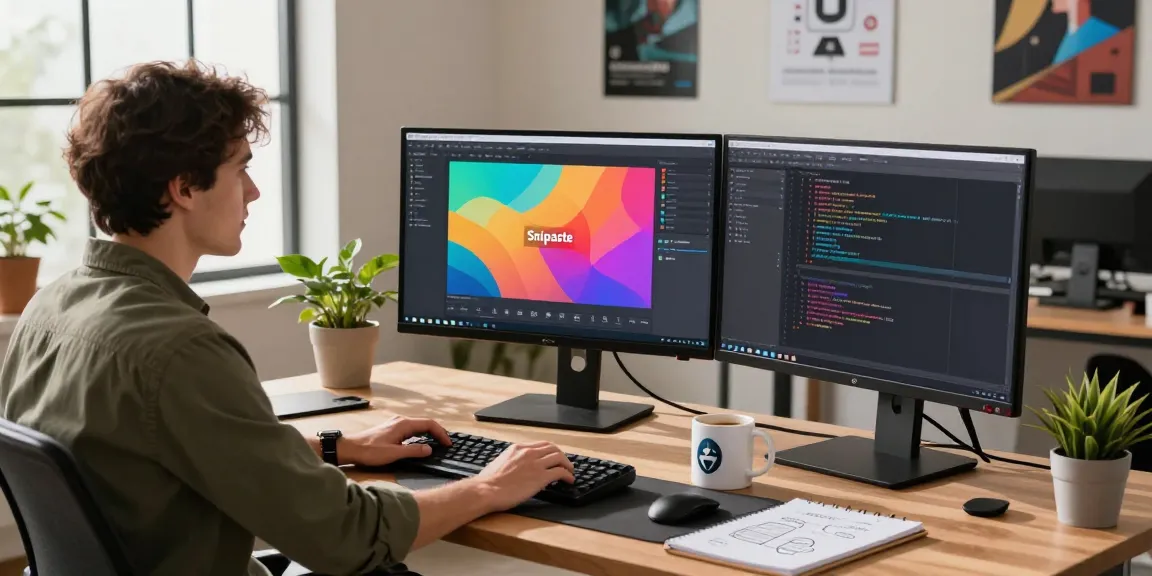 Developers using snipaste in a modern workspace with multiple monitors and creative elements.