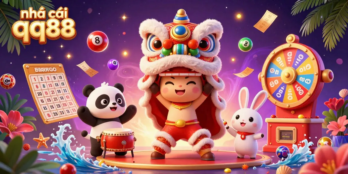 Experience the excitement of nhà cái qq88 with vibrant 3D characters, gaming elements, and festive decorations.