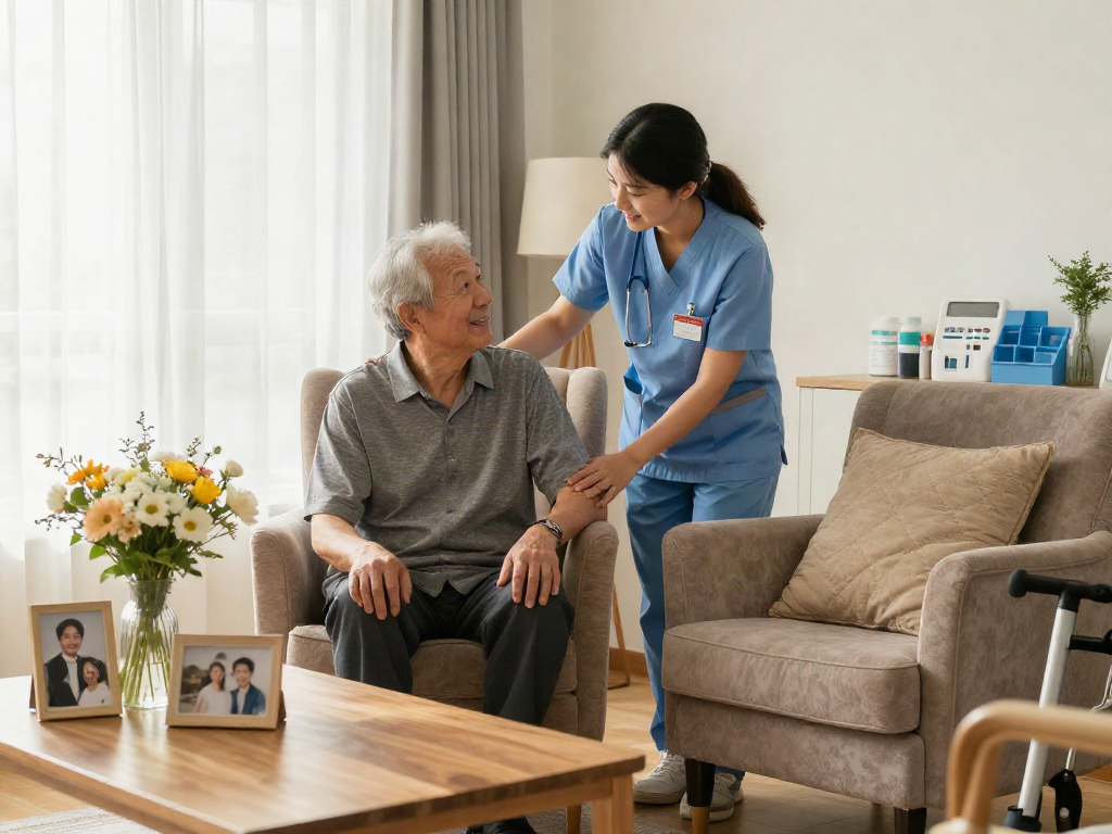 Caregiver assisting elderly client in home, promoting bonus new member benefits for health services.