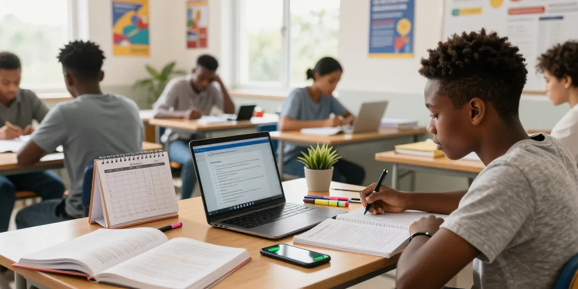 Students studying for the 2026 WAEC runz exams with textbooks and a laptop in a bright classroom.
