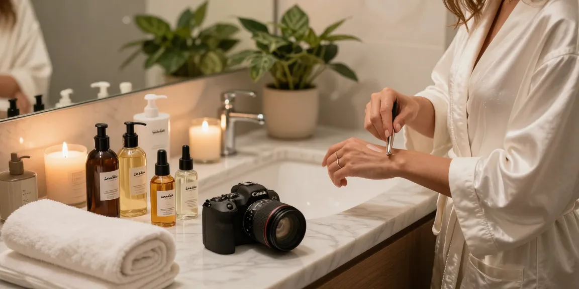 Applying مسك كلاكاس fragrance in an elegant bathroom with high-end beauty products.