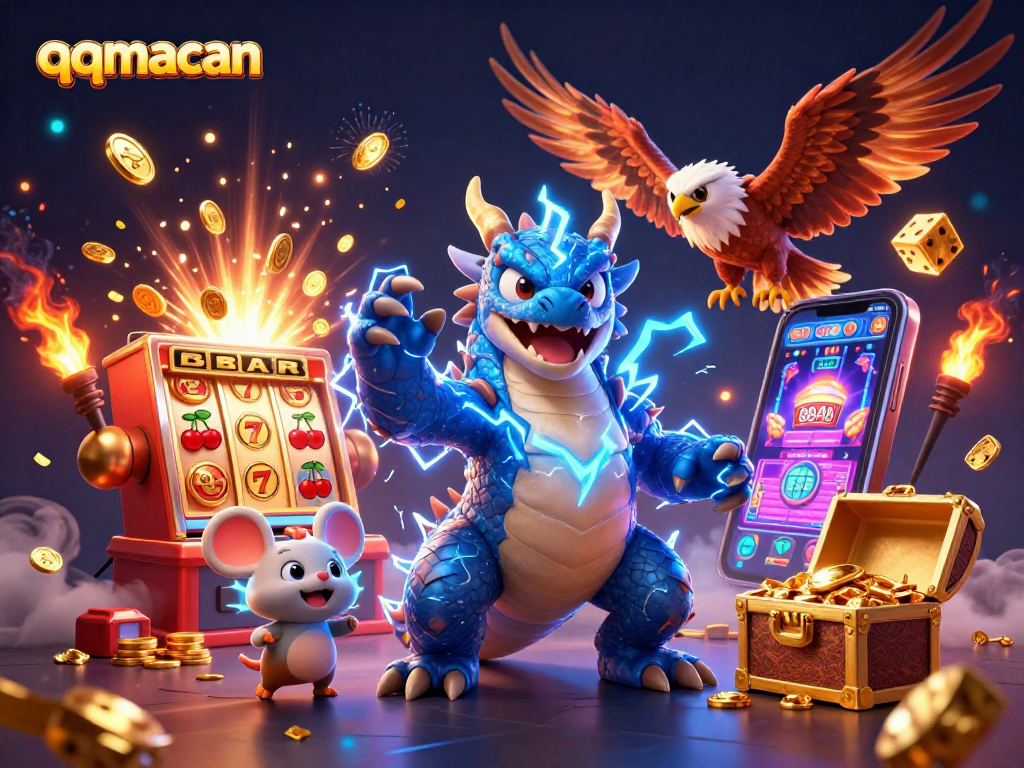 Engage with the qqmacan gaming universe featuring a vibrant 3D illustration of a jackpot scene.