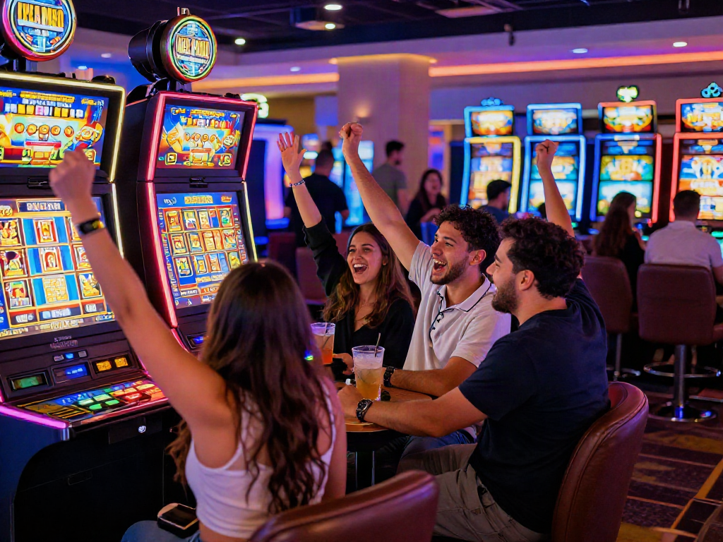 Friends celebrating a win at a slot server luar negeri casino, vibrant atmosphere and exciting gameplay.