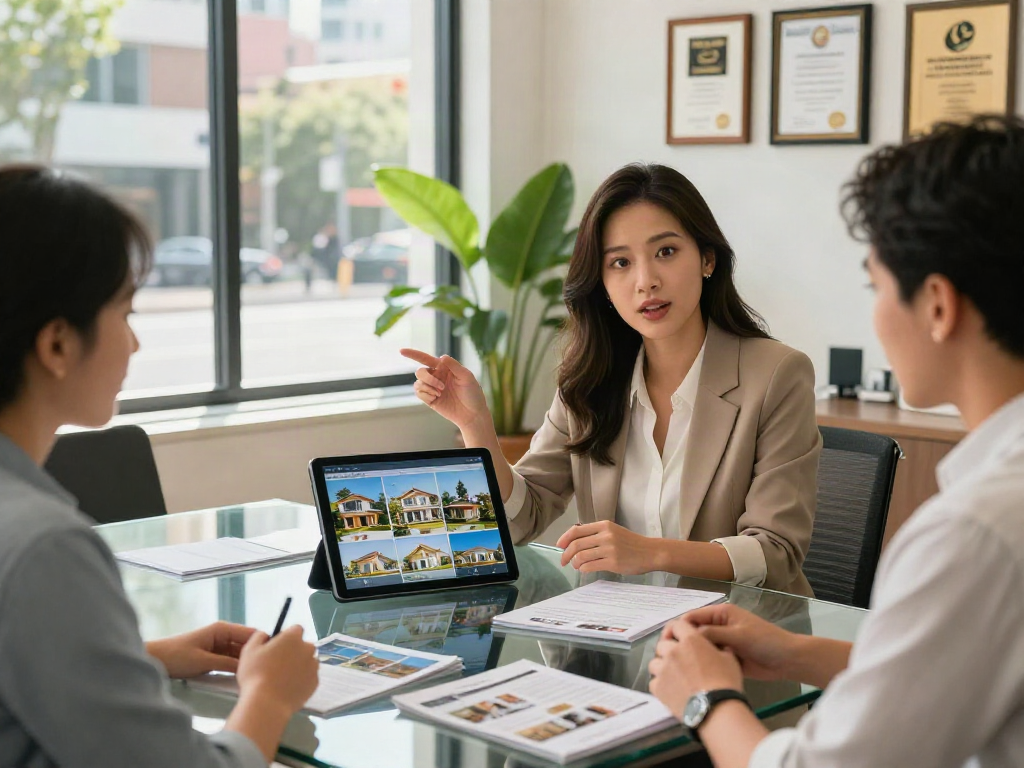 Real estate agent discussing slot 10k properties with a buyer in a modern office.