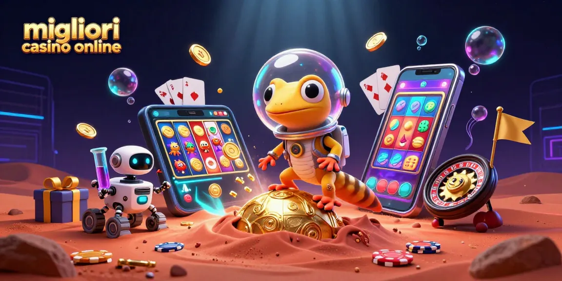 Migliori casino online: un gecko marziano esplora un casinò d'oro nel deserto rosso con emozionanti giochi.