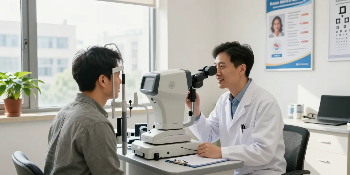 Ophthalmologist discussing dry eye treatment with a patient in a well-lit clinic