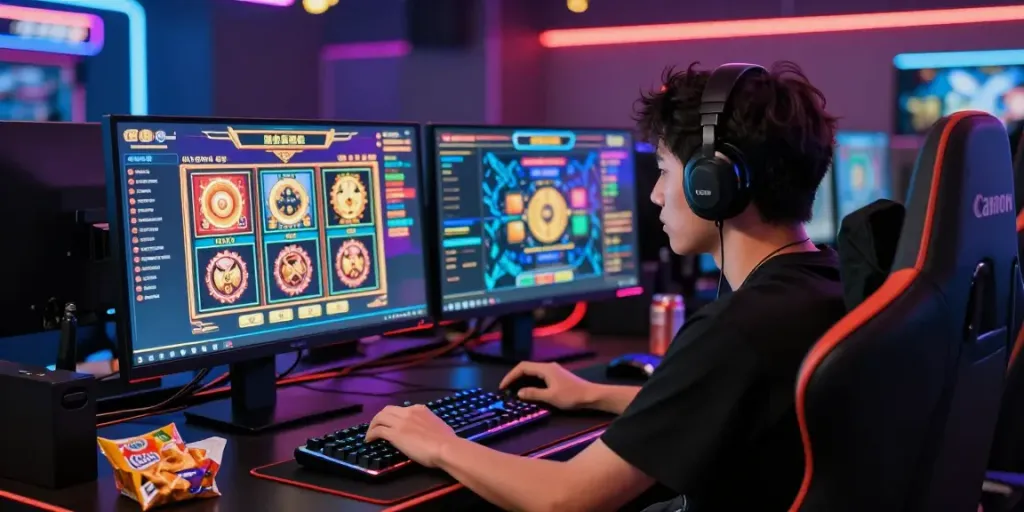 Online gambling enthusiast playing mposlot games on high-end gaming setup, vibrant colors in an engaging environment.