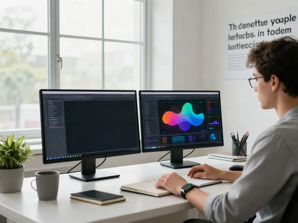 Generate content with AI in a modern workspace, showcasing dual monitors, creative tools, and a bright atmosphere.