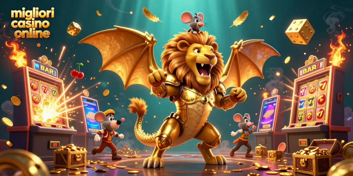 Vivi l'emozione dei migliori casino online con una creatura chimera e jackpot vincenti in questa ricca illustrazione 3D.