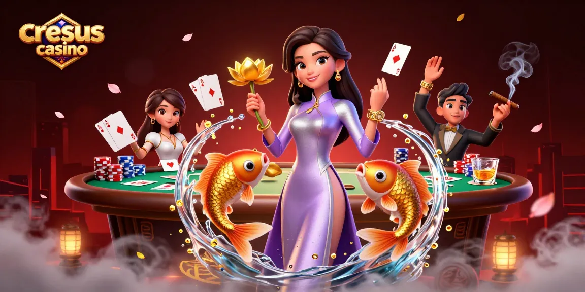 Scène du Casino Cresus mettant en vedette une femme élégante et des poissons koi autour d'éléments de poker, immergeant les joueurs.