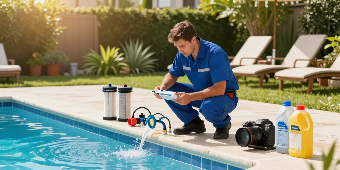 Expert inspecting oprema za bazene at a sunny poolside.