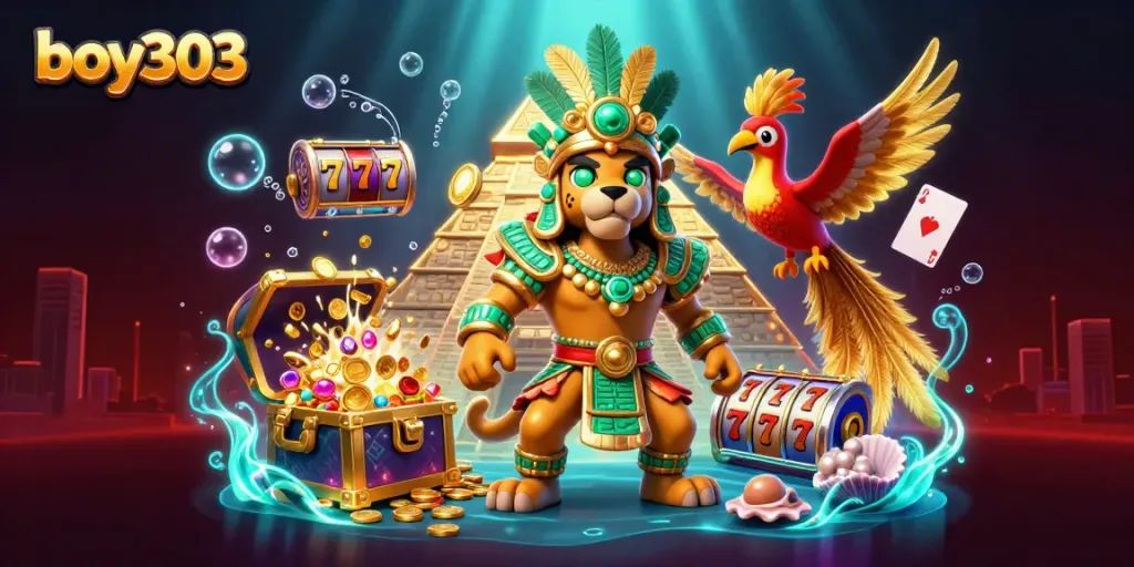 Experience thrilling slots action in a vibrant scene featuring boy303 with Mayan characters and jackpot elements.