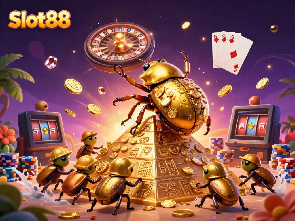 Permainan Slot88 yang menghibur dengan simbol kasino dan koin emas yang melimpah.