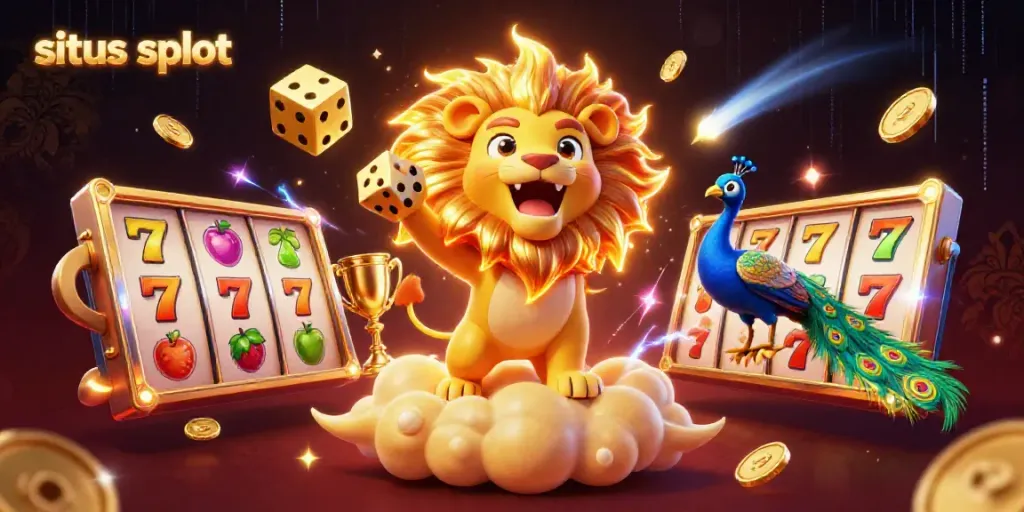 Engage in thrilling situs slot gameplay with a dynamic 3D illustration of a roaring sun lion surrounded by exciting slot elements.