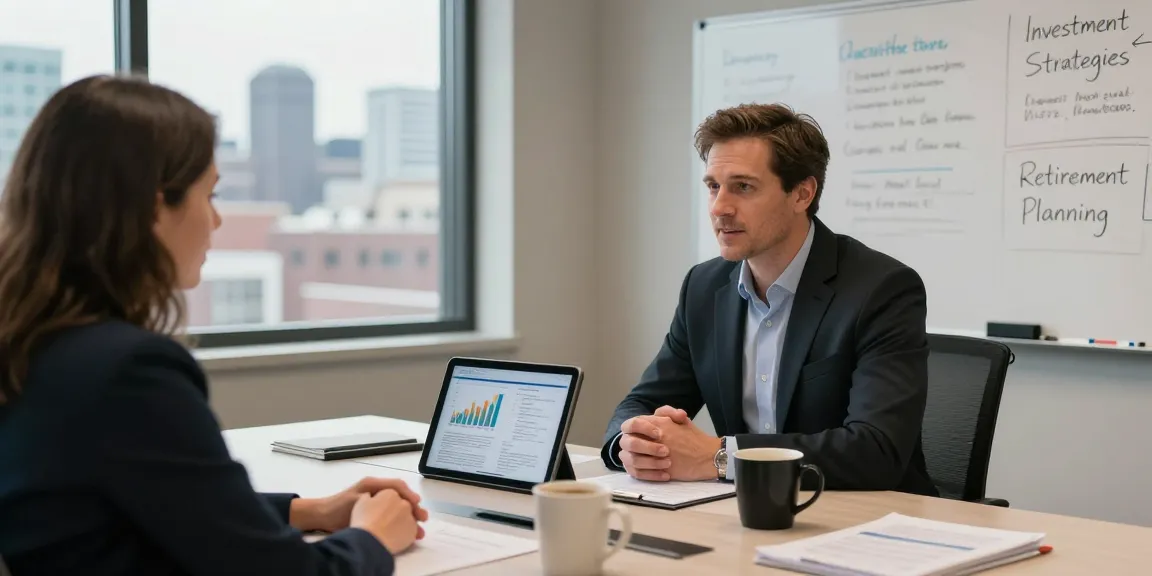 Clinton Orr consulting clients in a modern office setting, showcasing financial plans and investment strategies