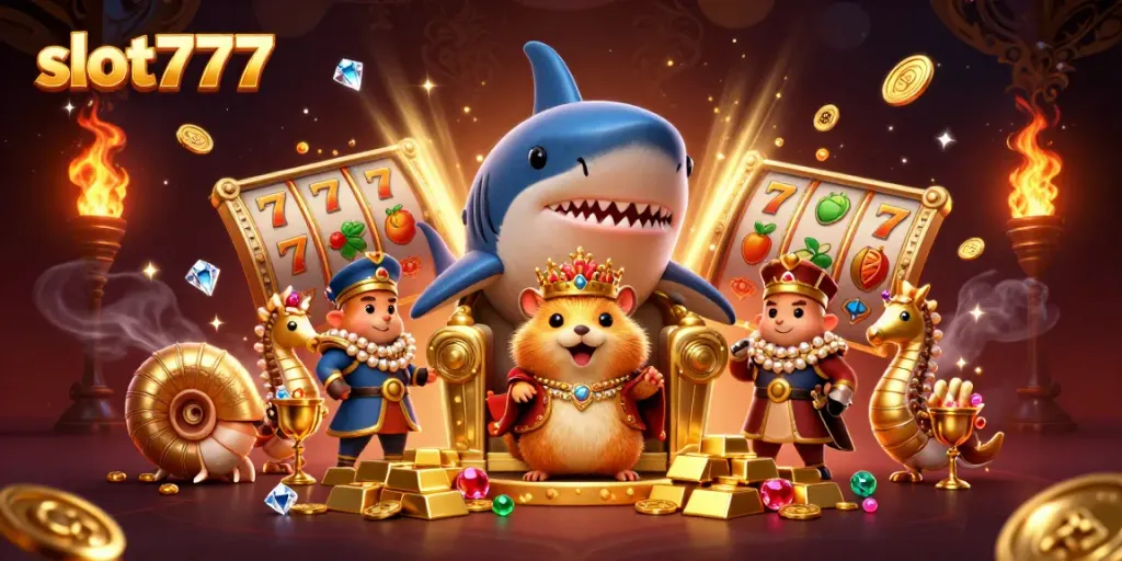 Menggali slot777 dengan raja hamster emas bermahkotakan karang dan penjaga kuda laut di sekitar kekayaan kasino.