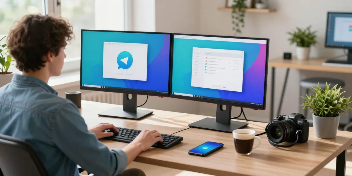Workspace featuring the teiegramin.com interface on dual monitors, emphasizing digital communication.