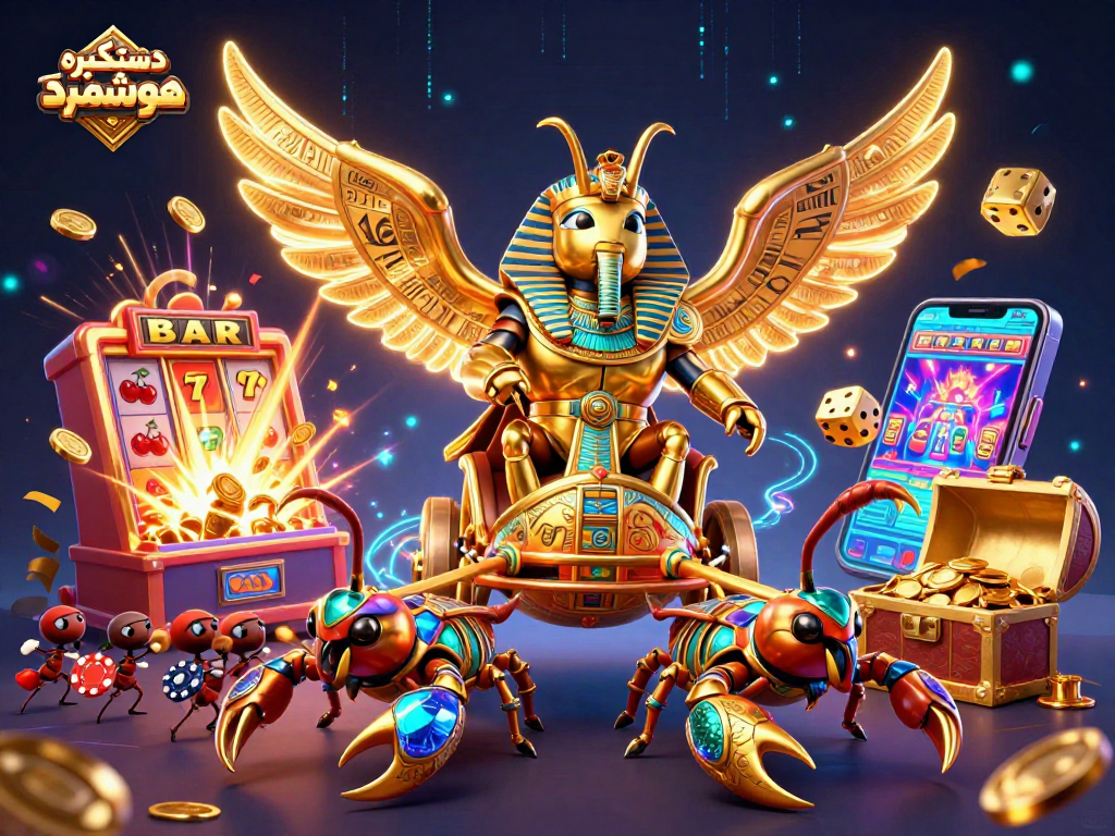 Engage with دستگیره هوشمند in a vibrant casino scene featuring golden scarabs, dynamic game elements, and rich visuals.