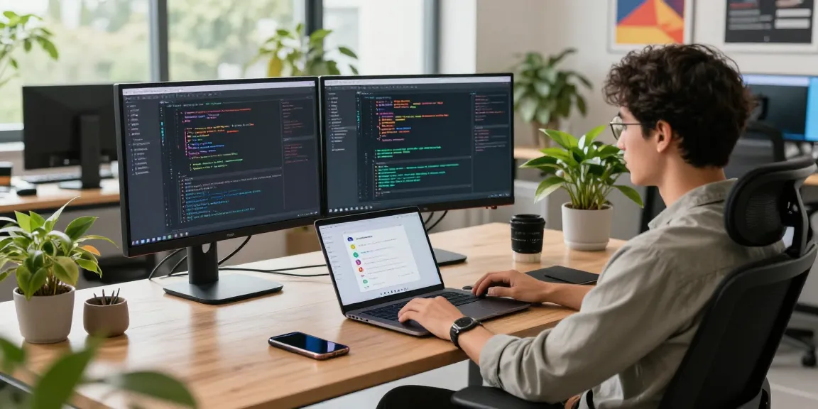 快连 application showcased on dual monitors in a modern software development workspace, highlighting dynamic coding and network metrics.