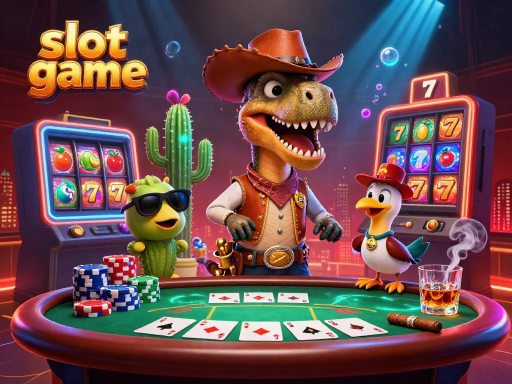 Engaging slot game scene with cartoon dinosaur, cactus, and roadrunner in a vibrant casino.