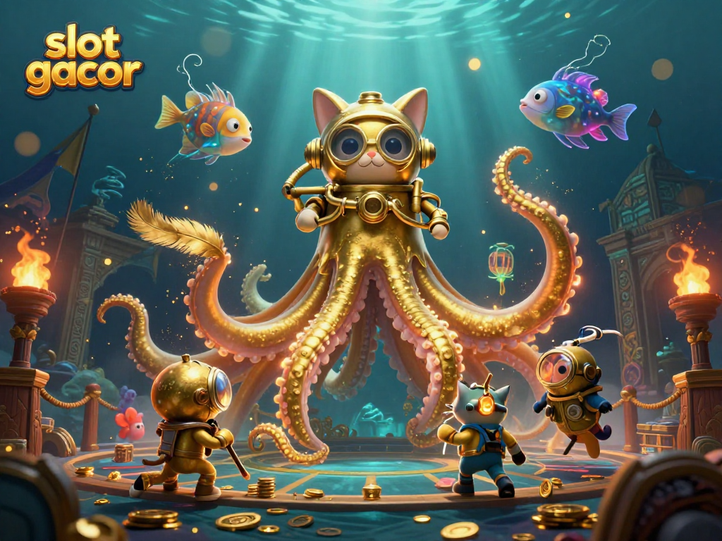 Permainan slot gacor dengan karakter unik seperti kraken dan ikan laut bersinar yang menghadirkan suasana kasino.