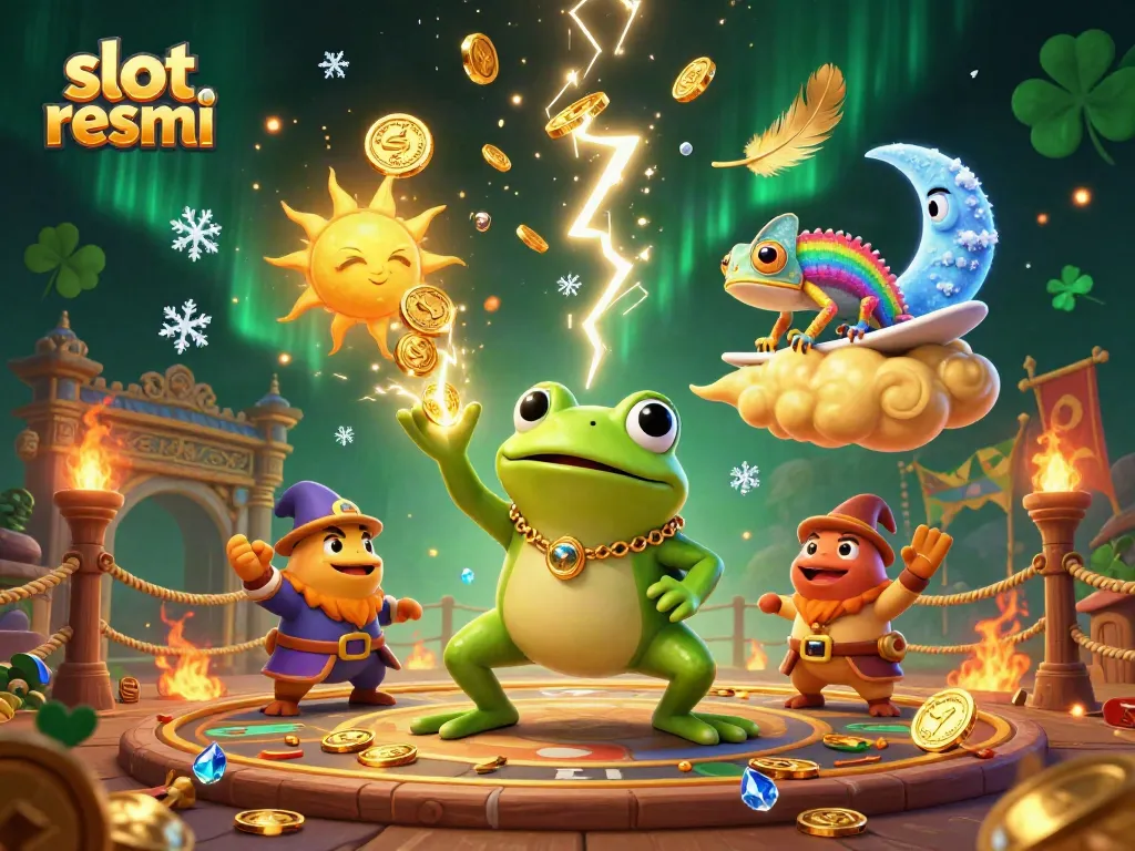 Experience thrilling action at slot resmi with lively characters amidst golden coins and enchanting visuals.