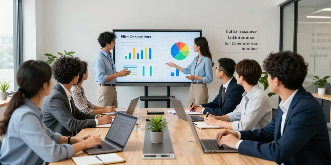 Dynamic business meeting scene showcasing Elite Generations team collaborating on community outreach strategies in a modern office.