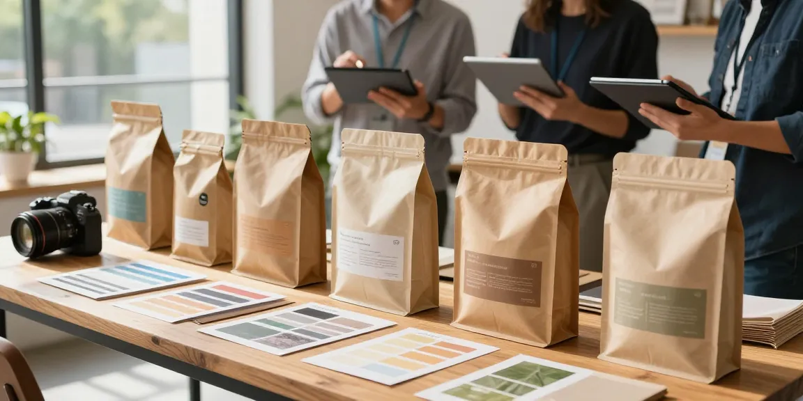 Custom flat bottom bags displayed on a wooden table, showcasing sustainable materials and vibrant designs.