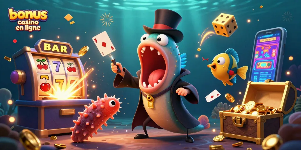 Image représentant une scène dynamique de "bonus casino en ligne" avec des personnages sous-marins jouant à des jeux de casino.