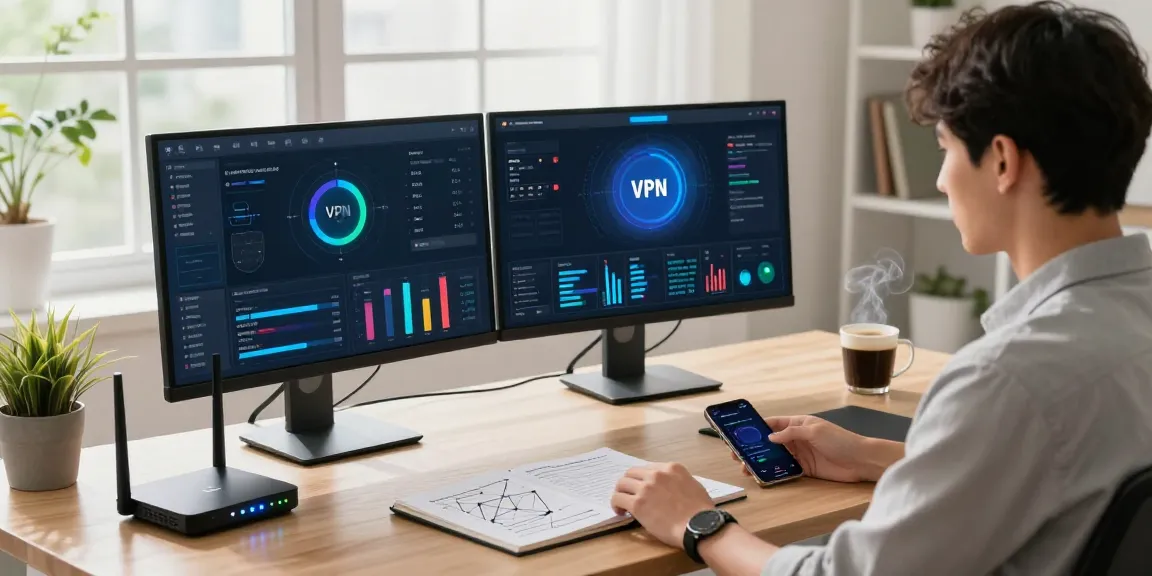 快连 VPN 应用程序在现代工作空间的双显示器上显示，增强在线连接性。