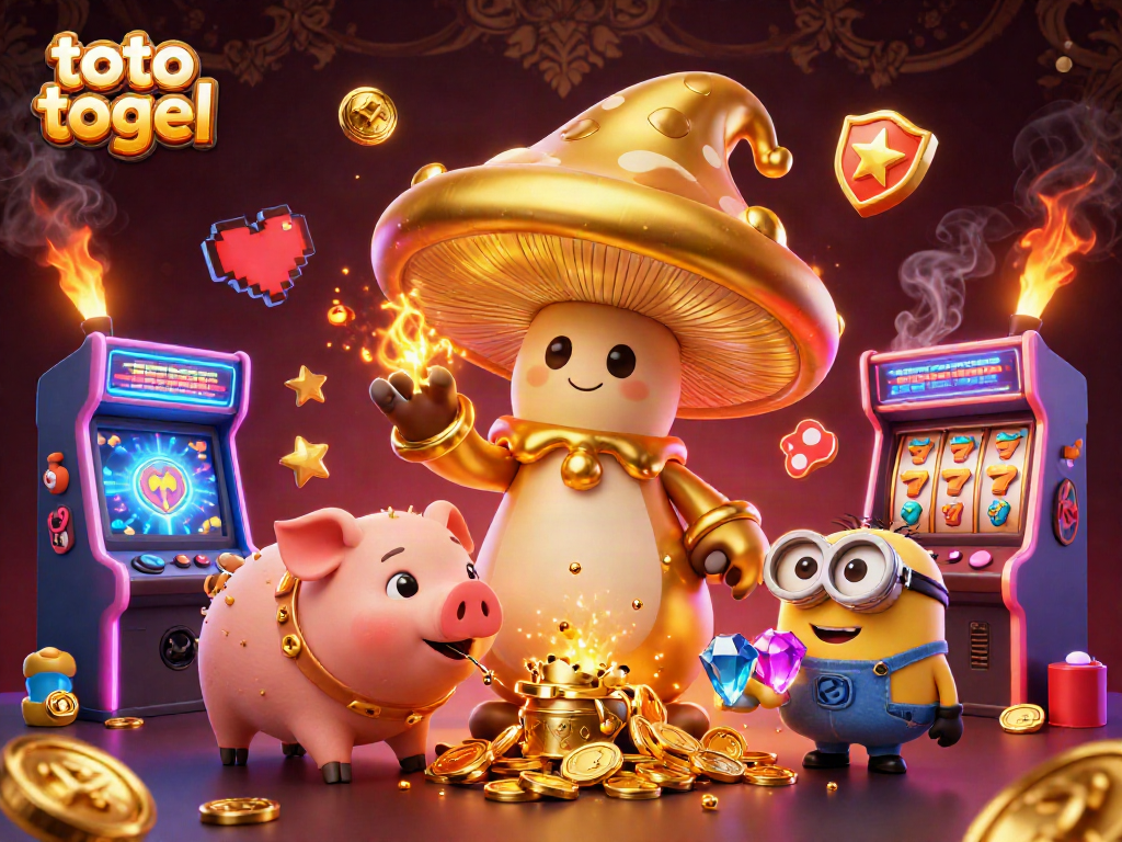 Engage with toto togel action in this vibrant 3D scene featuring golden wizardry and gaming excitement.