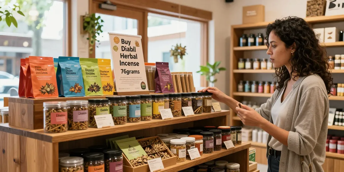 Engaging retail scene to buy-diablo-herbal-incense-76grams with vibrant product display and natural light