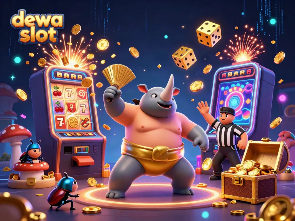 Gambar Dewa Slot yang menampilkan juara sumo badak rhinoceros dalam aksi, dikelilingi mesin slot dan koin emas.