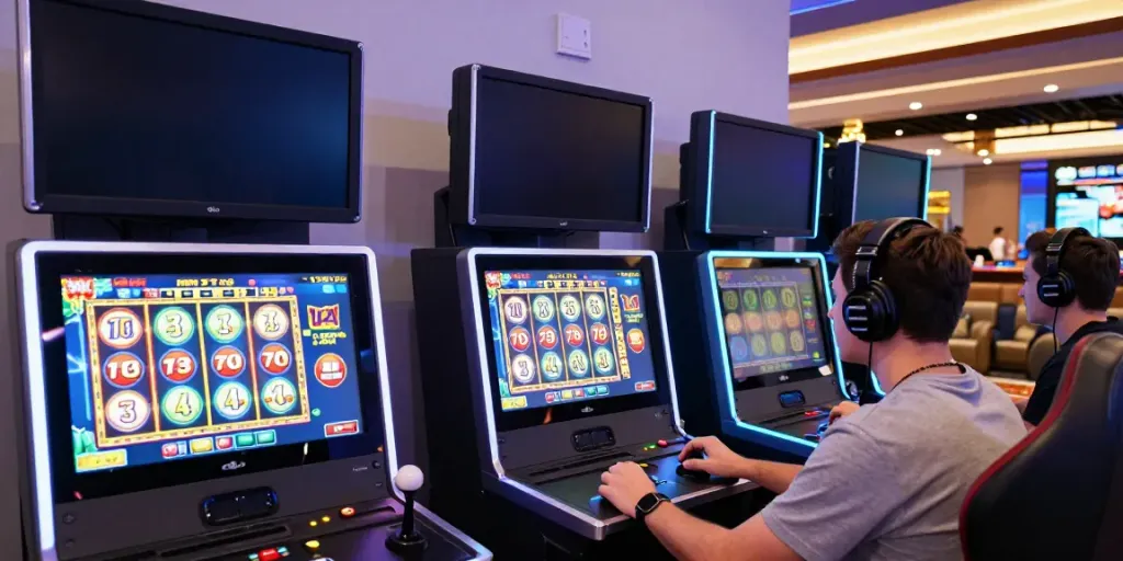 Gamer asyik bermain slot777 di kasino online dengan peralatan canggih.