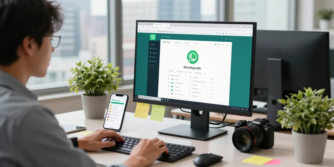 Engaging workspace with WhatsApp網頁版 on screen, showcasing productivity and modern tech atmosphere.