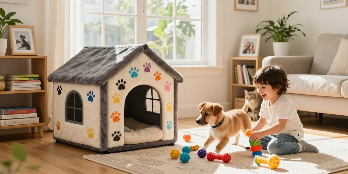 A playful puppy enjoying toys in a cozy living room, NAGA2000 pet lifestyle.