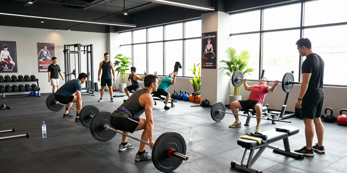 Engaged athletes training at the Astera Steroids Shop fitness center, showcasing diverse strength exercises.